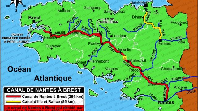 Carte de la construction du Canal de Nantes à Brest avec ses affluents, et de celui d'Ille-et-Rance